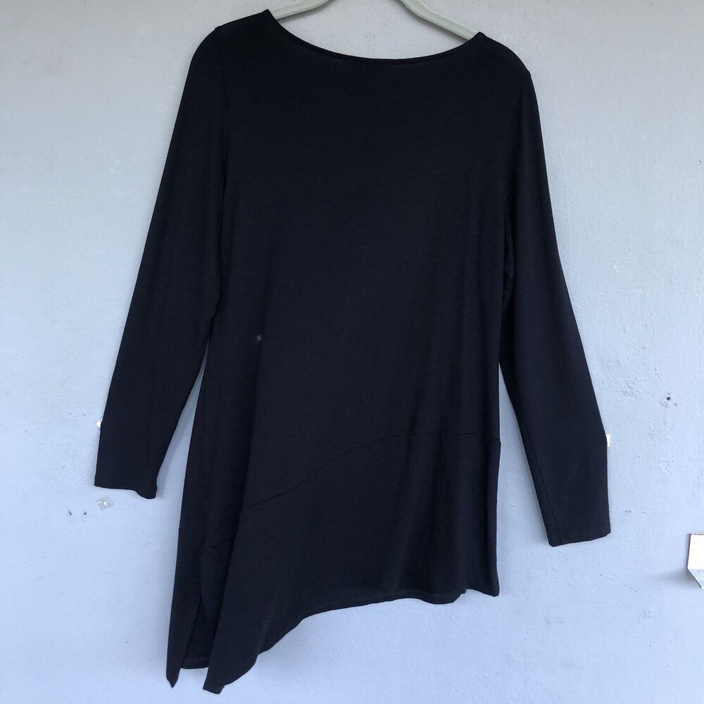 Eileen Fisher Tunic Top Women M Black Asymmetrical Hem Jersey Stretch Minimalist - Picture 6 of 12